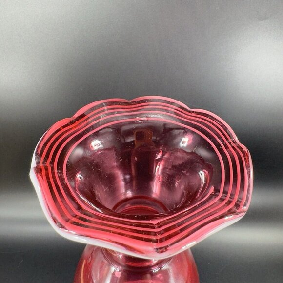 Art Glass Vase Cranberry With White Lines Footed Clear Bottom Glass Ruffled Top - Picture 7 of 12
